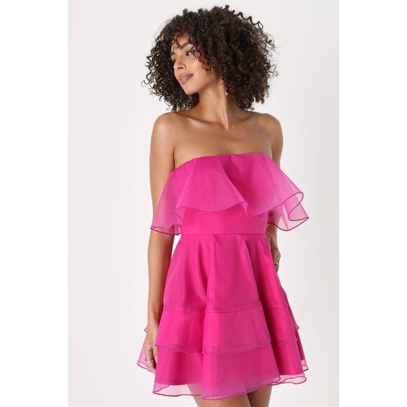 Lulus Magenta Organza Ruffled Strapless Mini Dress Pink - Size L - Picture 1 of 7